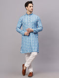 Yugnik Men's Sky Blue Self Tringle Printed Crochet Fabric Thread Work Long Kurta Set