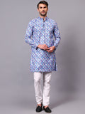 Yugnik Men's Sky Blue Self Printed Florist Crochet Fabric Long Kurta Set