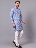 Yugnik Men's Sky Blue Self Printed Florist Crochet Fabric Long Kurta Set