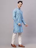 Yugnik Men's Sky Blue Self Tringle Printed Crochet Fabric Thread Work Long Kurta Set