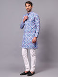 Yugnik Men's Sky Blue Self Printed Florist Crochet Fabric Long Kurta Set