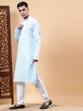 Yugnik Men's Beige Solid Pure Cotton Chinese Collar Long Kurta Pajama Set