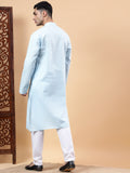 Yugnik Men's Beige Solid Pure Cotton Chinese Collar Long Kurta Pajama Set