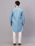 Yugnik Men's Sky Blue Self Tringle Printed Crochet Fabric Thread Work Long Kurta Set