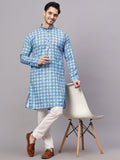 Yugnik Men's Sky Blue Self Tringle Printed Crochet Fabric Thread Work Long Kurta Set