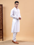 Yugnik Men's Beige Solid Pure Cotton Chinese Collar Long Kurta Pajama Set