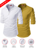 Yugnik Men's Slim Fit Dark Yellow with White Color Cotton Short Kurta Pack 2