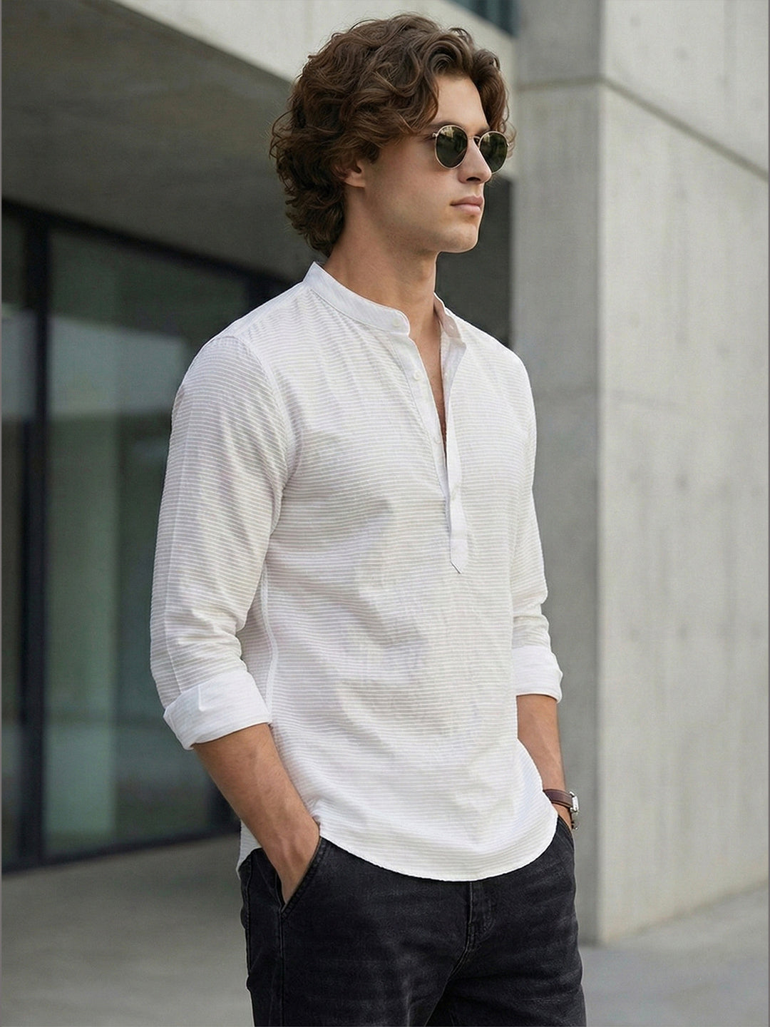 100% Cotton Mens Strip Full Sleeve Kurta