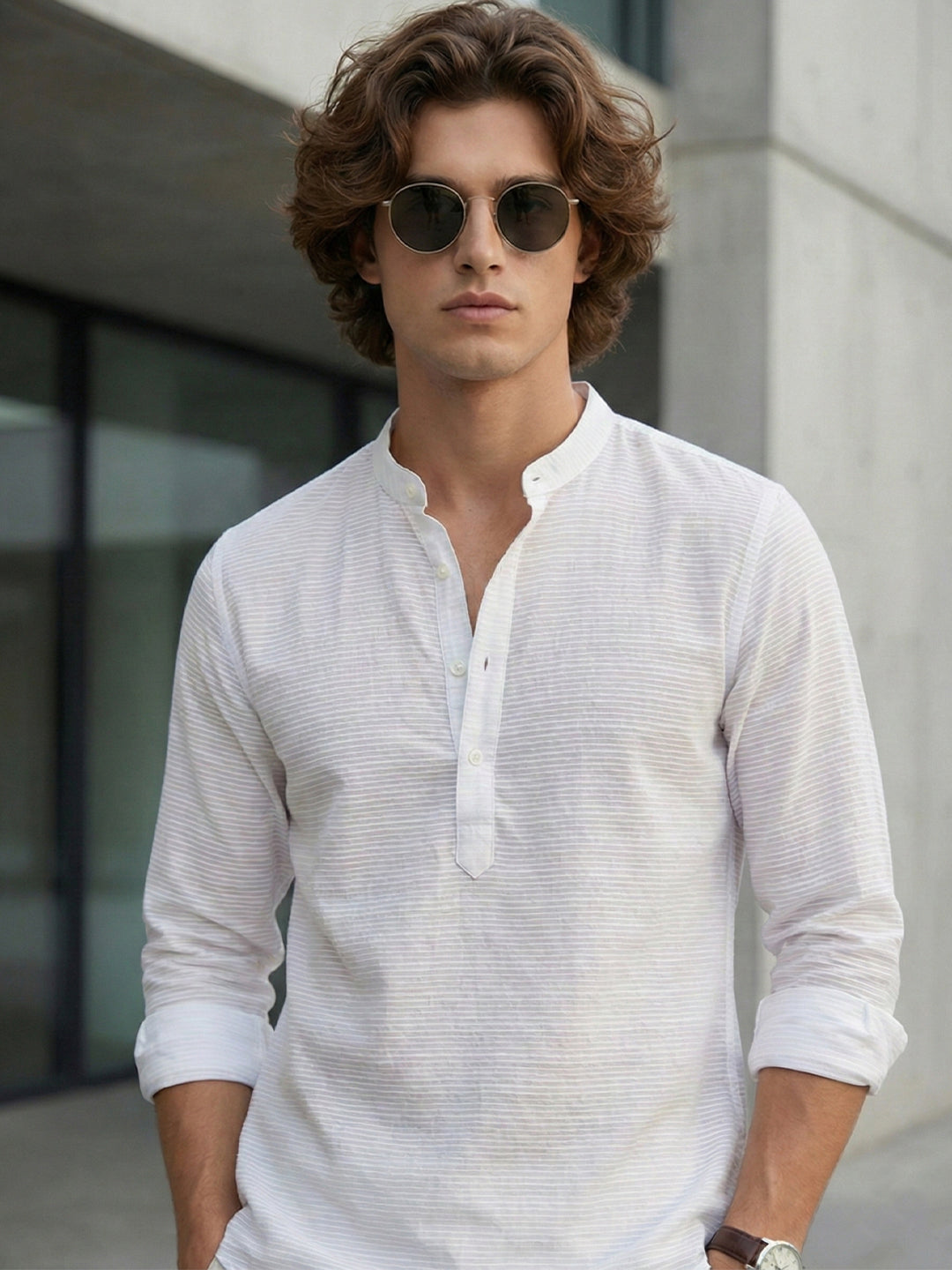 100% Cotton Mens Strip Full Sleeve Kurta