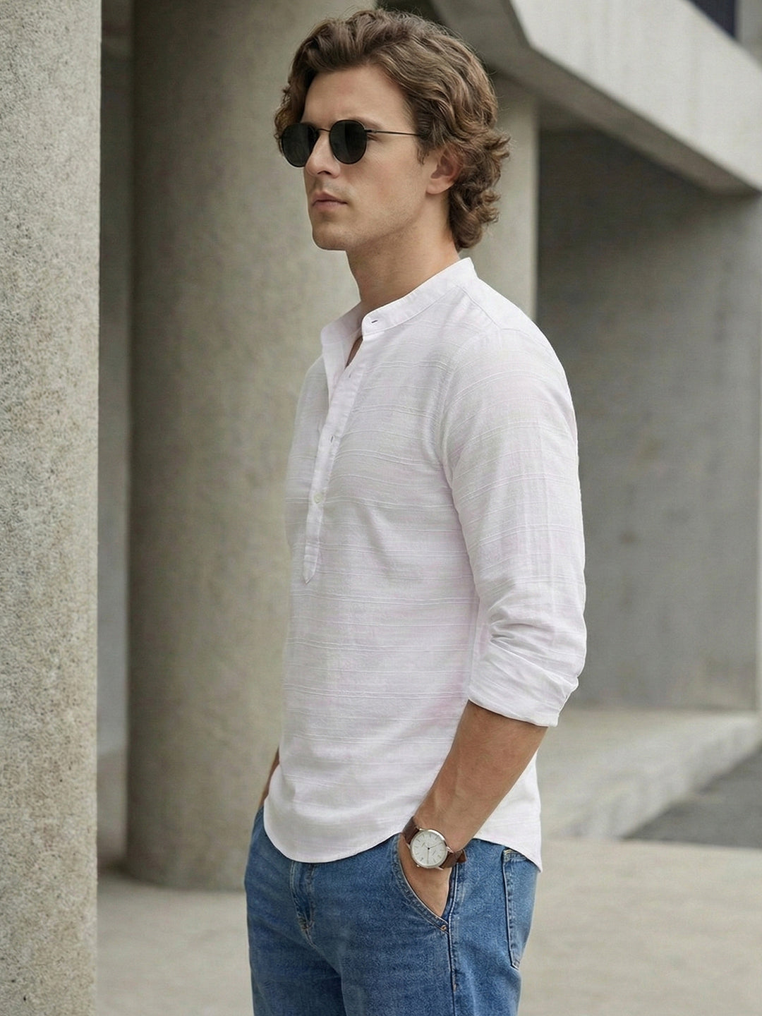 100% Cotton Mens Strip Full Sleeve Kurta