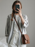 Women 3/4Th sleeve Spread Collar Strip Shirts