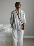 Women 3/4Th sleeve Spread Collar Strip Shirts
