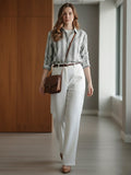 Women 3/4Th sleeve Spread Collar Strip Shirts