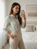 Women 3/4Th sleeve Spread Collar Strip Shirts