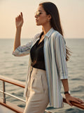 Women 3/4Th sleeve Spread Collar Strip Shirts