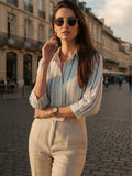 Women 3/4Th sleeve Spread Collar Strip Shirts
