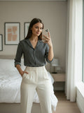 Women 3/4Th sleeve Spread Collar Strip Shirts