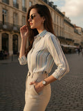 Women 3/4Th sleeve Spread Collar Strip Shirts