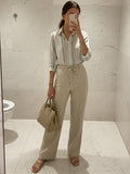 Women 3/4Th sleeve Spread Collar Strip Shirts