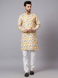 Yugnik Men's Yellow Square Self Printed Water Effect Crochet Fabric Long Kurta Set