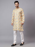 Yugnik Men's Yellow Square Self Printed Water Effect Crochet Fabric Long Kurta Set