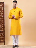 Yugnik Men's Beige Solid Pure Cotton Chinese Collar Long Kurta Pajama Set