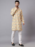 Yugnik Men's Yellow Square Self Printed Water Effect Crochet Fabric Long Kurta Set