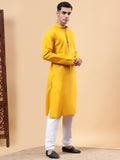 Yugnik Men's Beige Solid Pure Cotton Chinese Collar Long Kurta Pajama Set