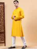 Yugnik Men's Beige Solid Pure Cotton Chinese Collar Long Kurta Pajama Set